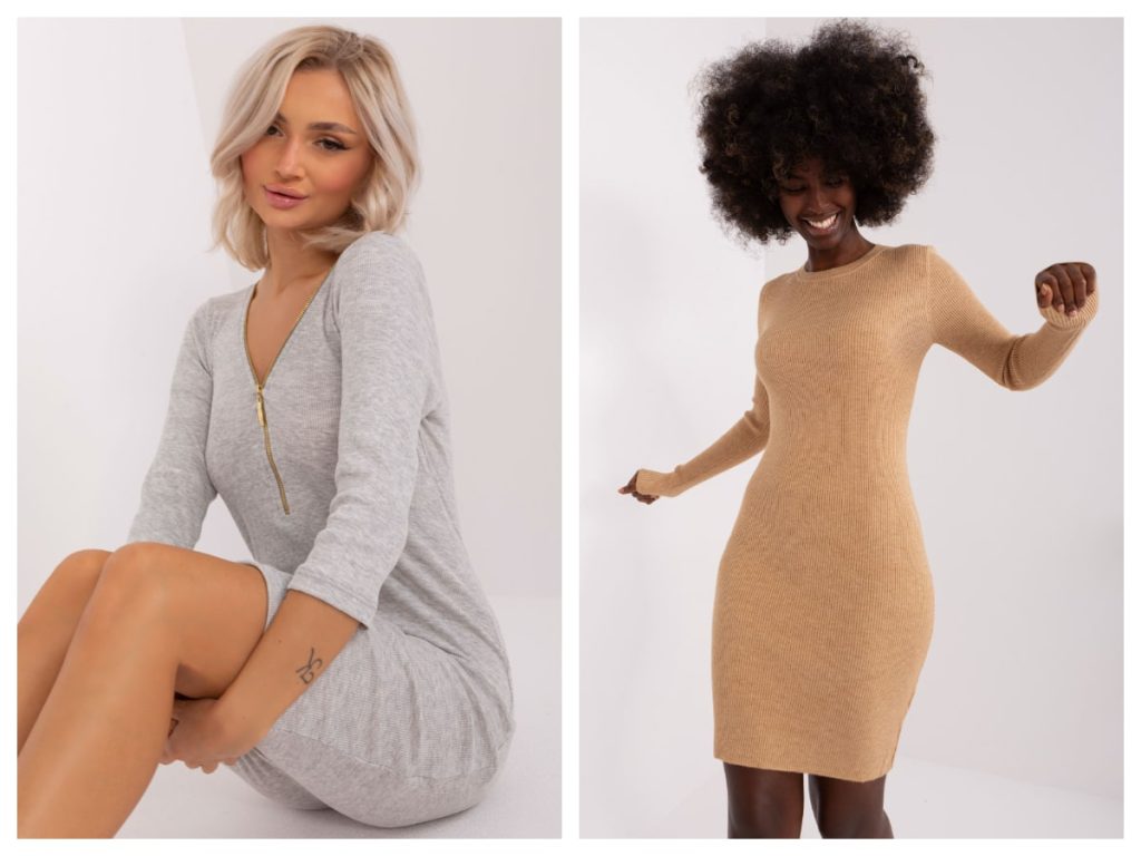 Sukienka basic w prążek z długim rękawem